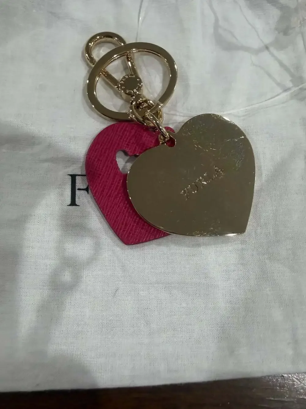 Furla Camelia Heart Keyring Bag Charm Pink and Gold and Dust Bag Designer Luxury